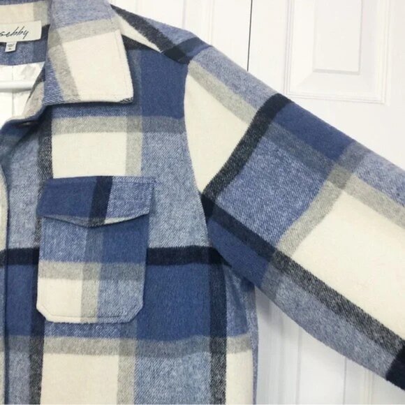 Sebby Blue Plaid Print Wool Blend Button Up Shacket Coat | Size M | EUC - Picture 6 of 12